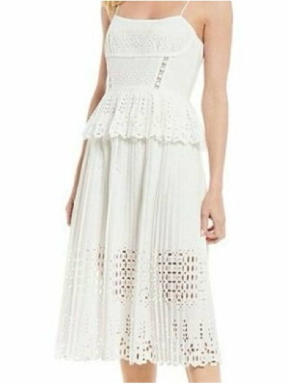 Gianni Bini Elegant White Eyelet Lace Peplum Midi Dress Size 10
